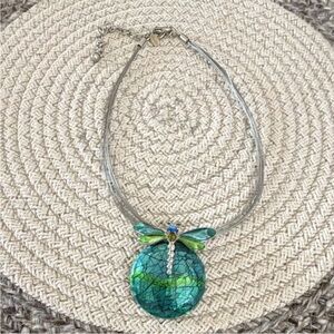 Vintage- Silver Necklace with Green Dragonfly Pendant